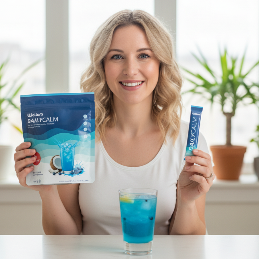 Woman holding a package and a stick of Dailycalm with a glass of blue liquid in a bright room.